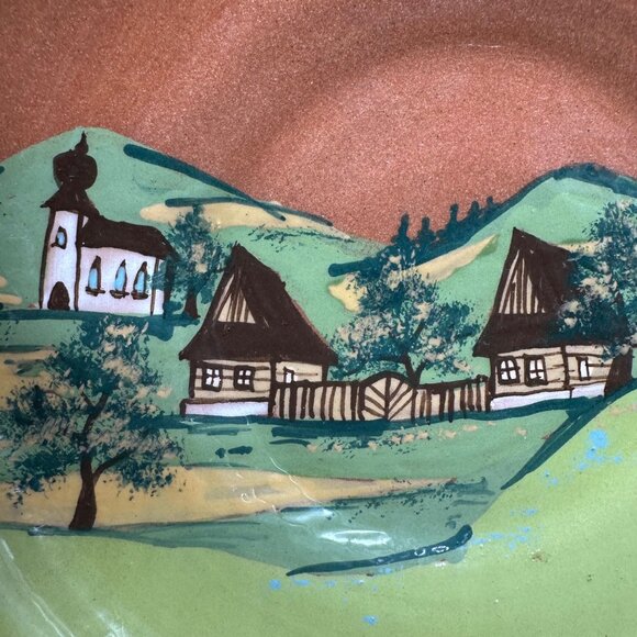 Handmade Art Pottery Dish Wall Hanging Countryside Mountains Church Redware - Picture 3 of 10